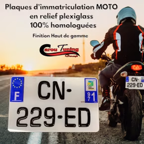 Plaques D'immatriculation Moto Relief Plexi 100% Homologuées - a 50,00 € chez CAROU TUNING