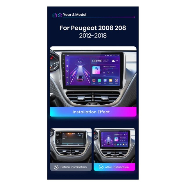 Autoradio Android 10" Pour Peugeot 208/2008 2012-2018 - 4Go/64Go, CarPlay/Android Auto Sans Fil, DSP, Caméra Recul